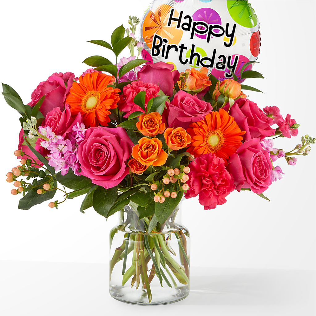 Fiesta Bouquet with Birthday Balloon – Flowers By Us, Grand Forks ND