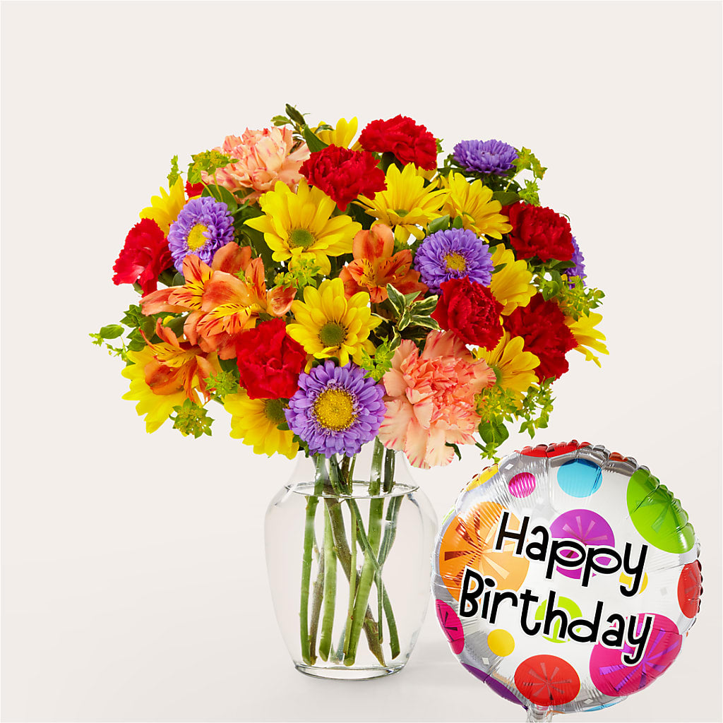 Kaleidoscope Bouquet with Birthday Balloon – Flowers By Us, Grand Forks ND