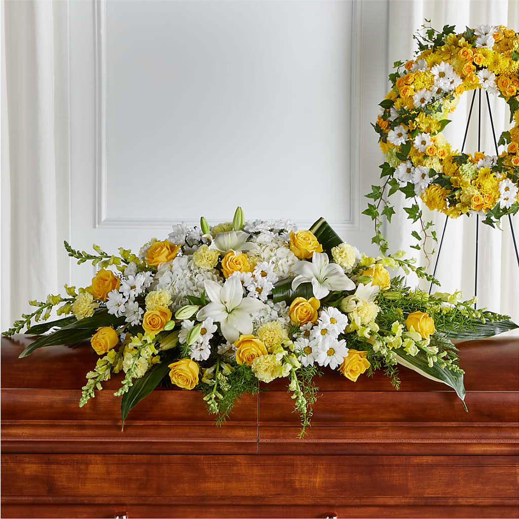 Golden Harmony Casket Spray – Flowers By Us, Grand Forks ND