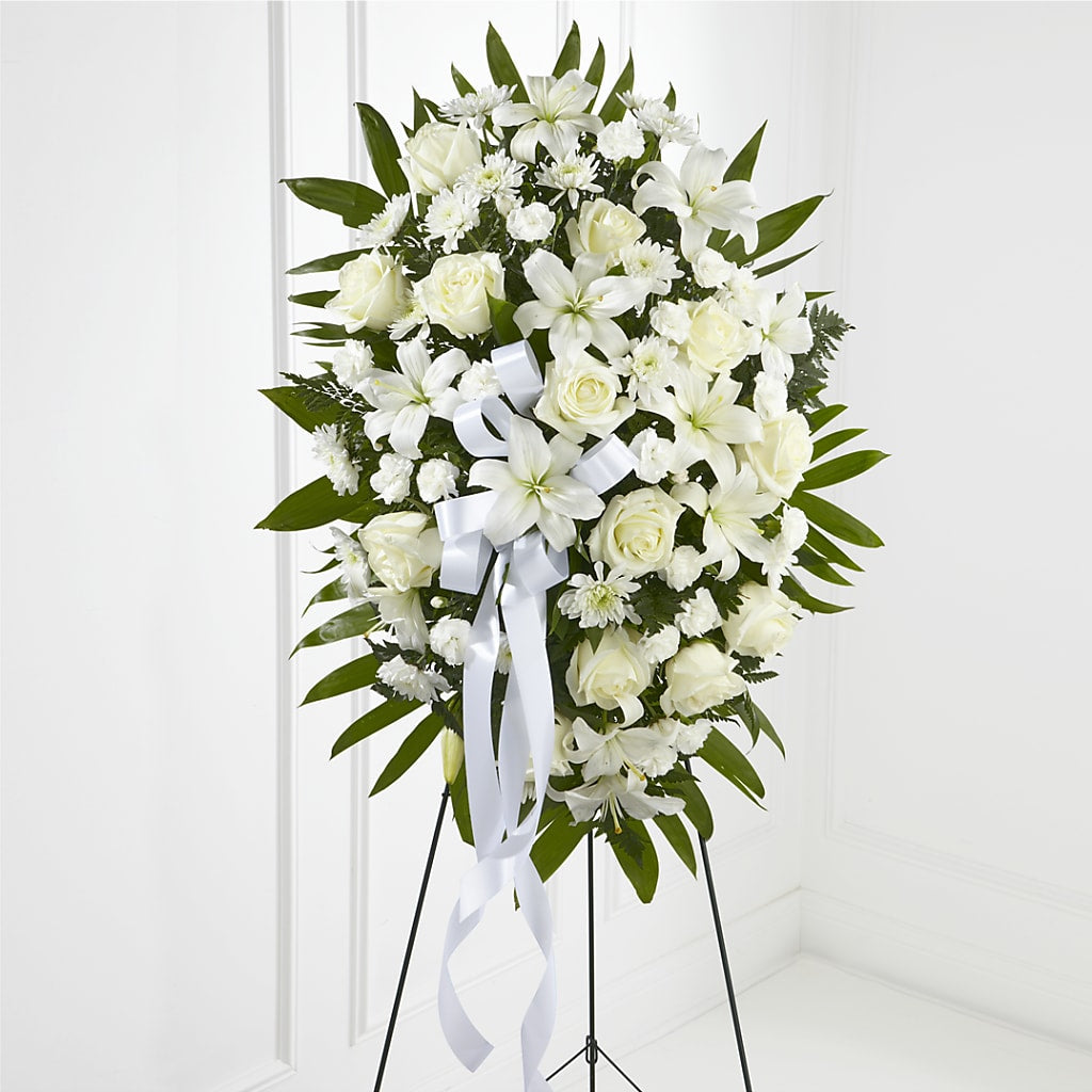 Exquisite Tribute Standing Spray-White Ribbon – Flowers By Us, Grand Forks ND