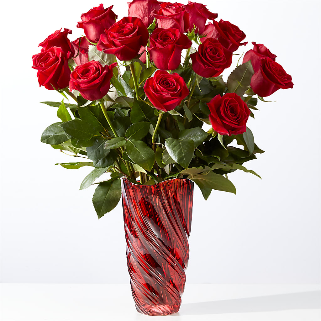 Classic Love Red Rose Bouquet with Luxe Swirl Vase – Flowers By Us, Grand Forks ND