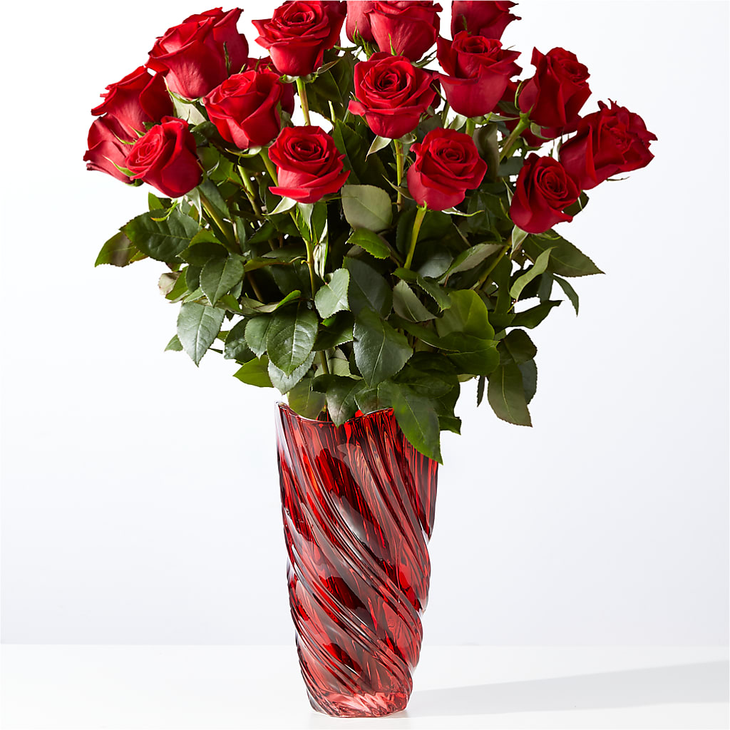 Classic Love Red Rose Bouquet with Luxe Swirl Vase – Flowers By Us, Grand Forks ND