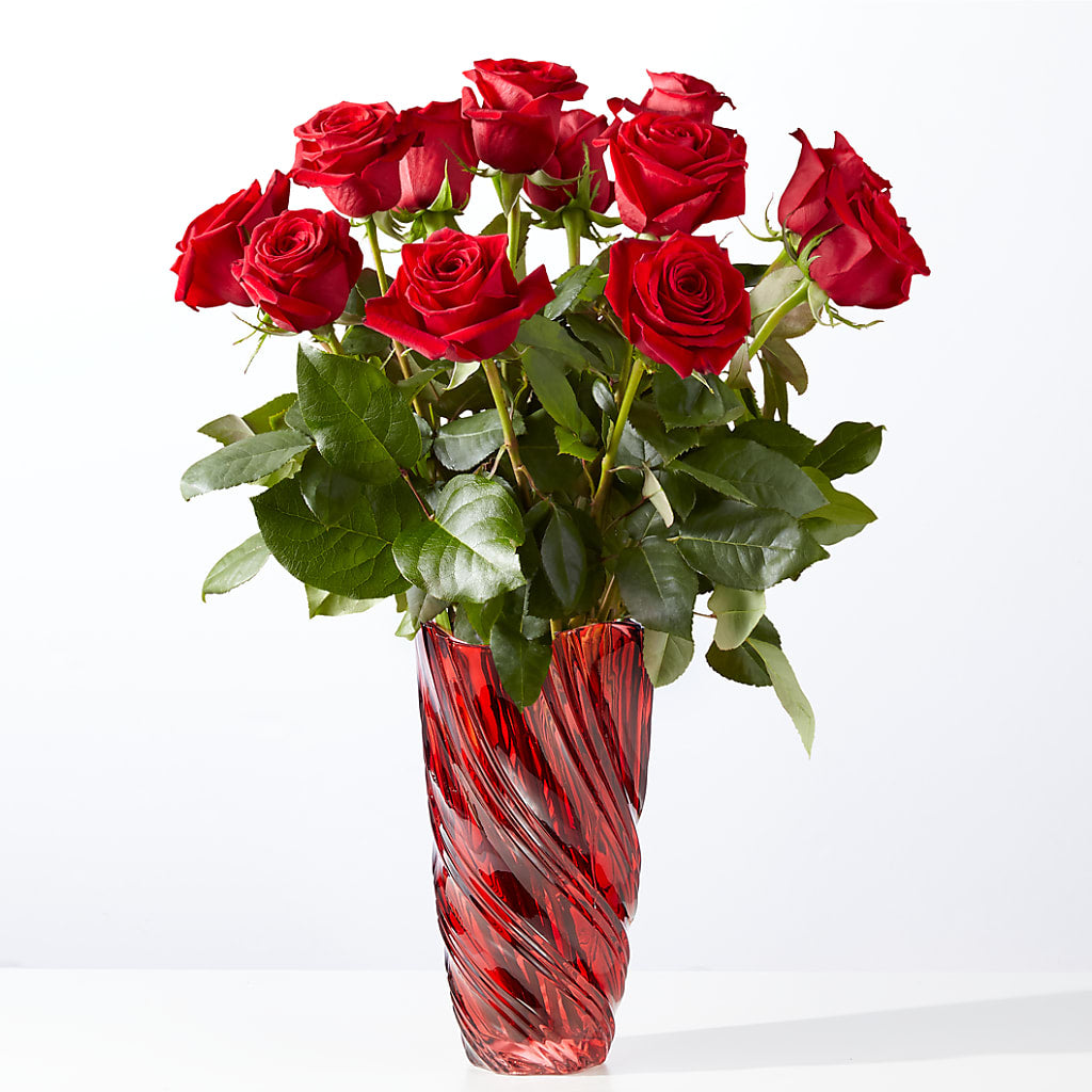 Classic Love Red Rose Bouquet with Luxe Swirl Vase – Flowers By Us, Grand Forks ND